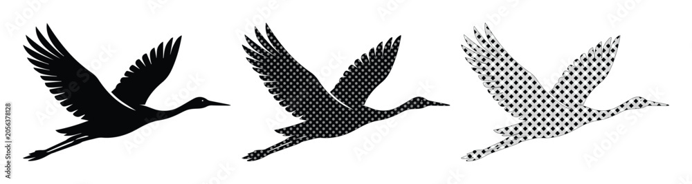 Fototapeta premium Minimalist flying crane silhouettes, set of 3 elegant bird icons in flight, black stork vector graphics with halftone and solid textures