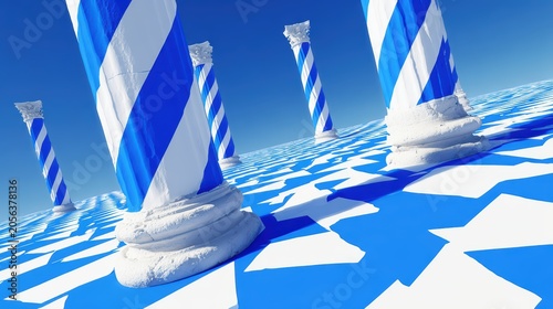 Surreal Columns: An artistic composition featuring striking blue and white striped columns rising from a reflective blue and white patterned surface under a clear blue sky, creating a dreamlike.