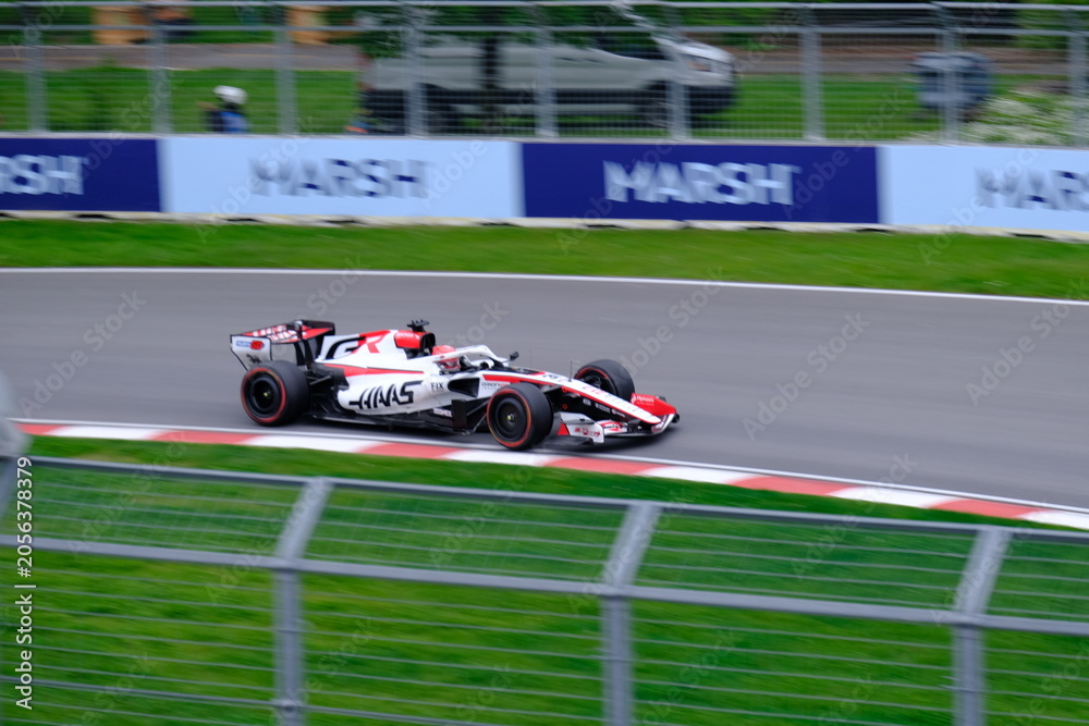 Naklejka premium May 24, 2026, Montreal, Canada - Haas Formula 1 car on track by Ocon and Bearman at Circuit Gilles Villeneuve. g.