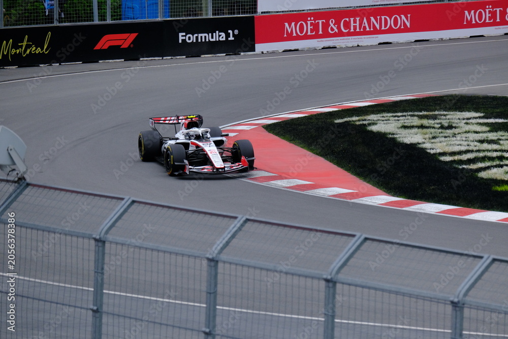 Naklejka premium May 24, 2026, Montreal, Canada - Haas Formula 1 car on track by Ocon and Bearman at Circuit Gilles Villeneuve. g.