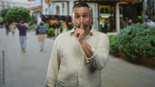 Foto Middle aged man with beard and grey hair, finger to lips shushing to signal silence while standing on a busy city street with shops and pedestrians; playful secrecy
