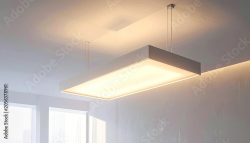 A modern, rectangular, pendant light glows, illuminating a white room