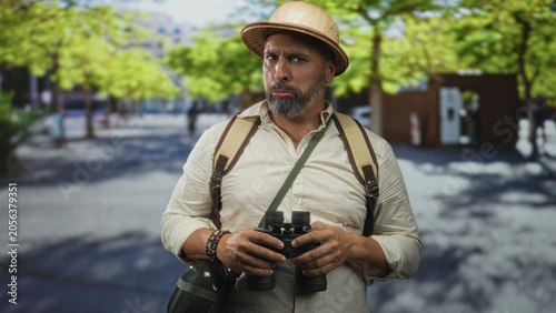 Fotografi Man holding binoculars and wearing pith helmet and backpack in sunlit street plaza, pursed lips expression; curiosity travel exploration