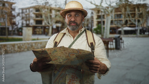 Fotografi Man holding map with bare hands and backpack on street, wearing pith helmet and looking puzzled; travel curiosity confusion