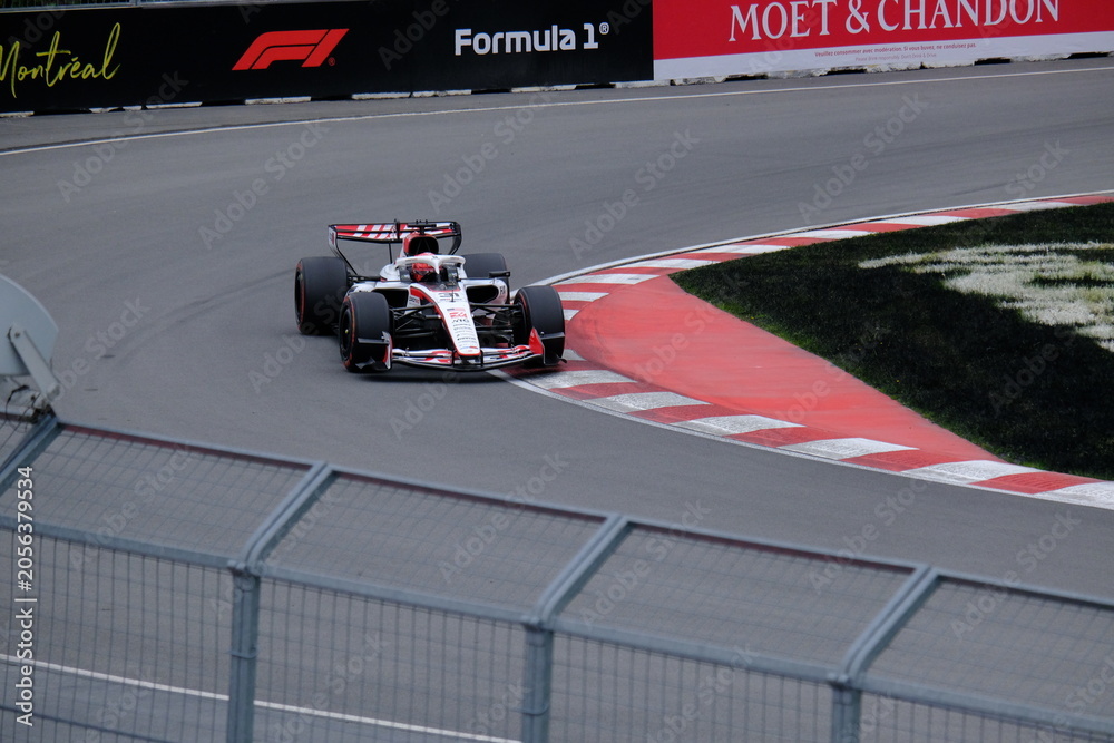 Naklejka premium May 24, 2026, Montreal, Canada - Haas Formula 1 car on track by Ocon and Bearman at Circuit Gilles Villeneuve. g.