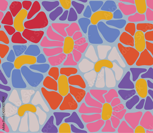 Colorful hexagonal flowers with yellow centers create a vibrant vintage vector seamless pattern on a white background
