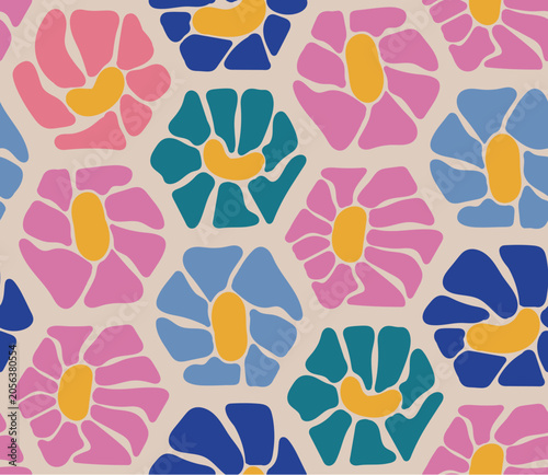 Colorful hexagonal flowers with yellow centers create a vibrant geometric vector seamless pattern, adding a touch vintage floral style