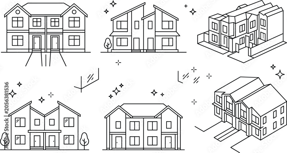 Obraz premium Duplex And Townhouse Architecture Line Icon Set With Isometric Real Estate Building Symbols For Web