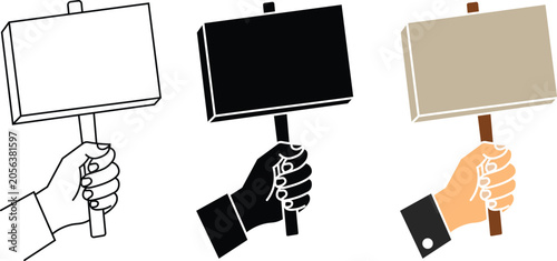 Photos Hand holding blank protest sign icon set demonstration placard and strike banner