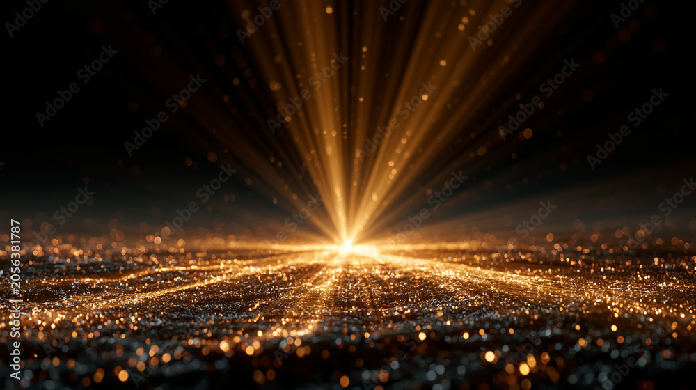 Fototapeta premium Luxury Gold Light Beam Radiating from Dark Ground with Glitter Particles