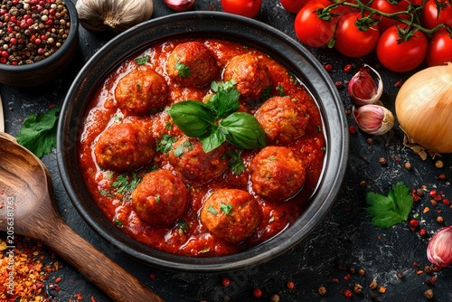 Meatballs in tomato sauce on a black background with cooking ingredients. Top view