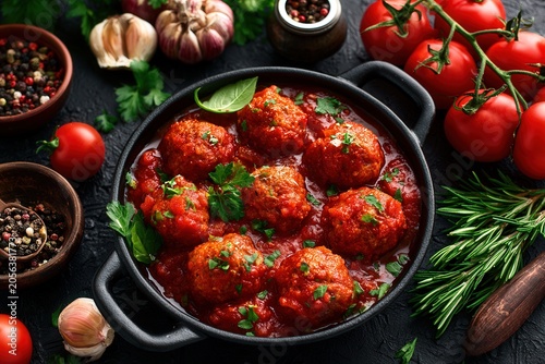 Meatballs in tomato sauce on a black background with cooking ingredients. Top view