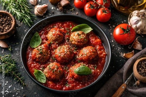 Meatballs in tomato sauce on a black background with cooking ingredients. Top view