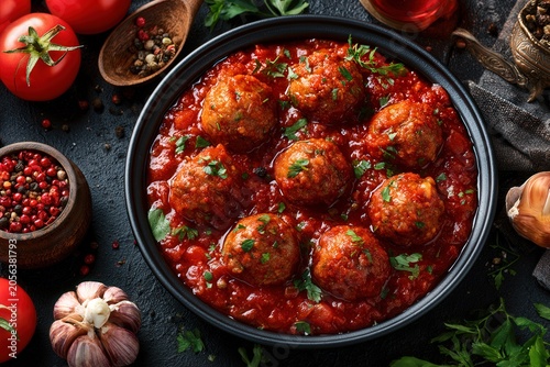Meatballs in tomato sauce on a black background with cooking ingredients. Top view