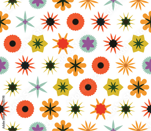 Colorful geometric overlapping flowers create a lively and vibrant seamless vector pattern, bold hues and intricate design