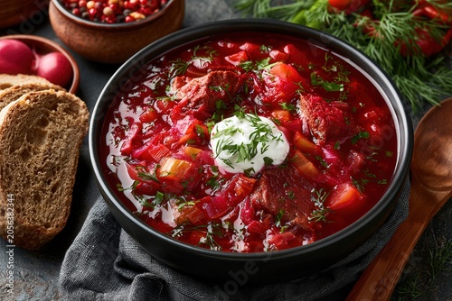 Warm beetroot soup with sour cream and herbs