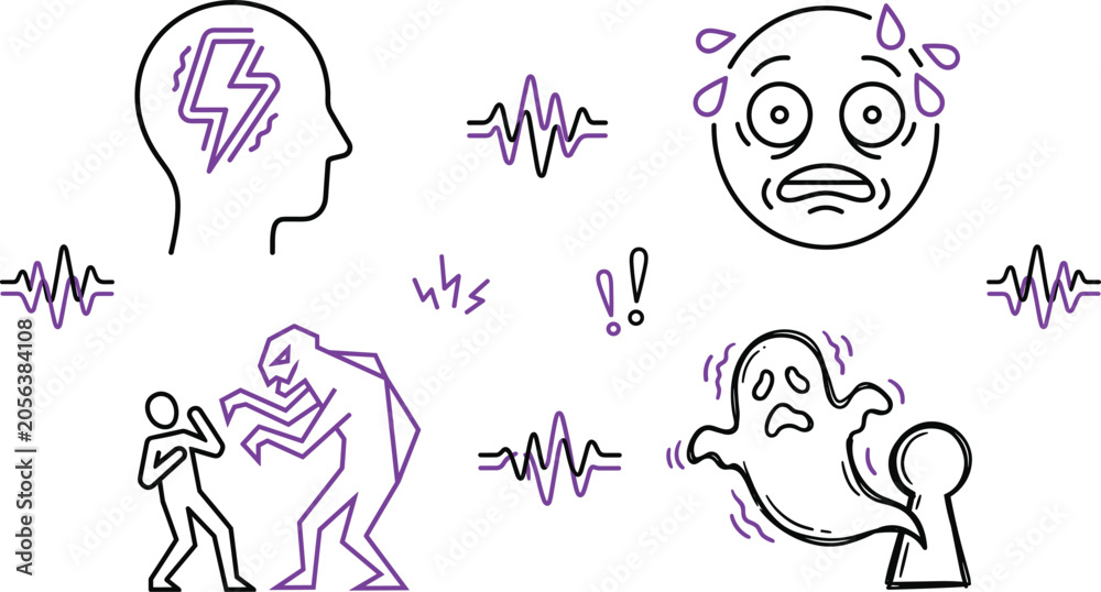 Fototapeta premium Panic Attack and Mental Anxiety Icon Set for Psychological Fear Stress Disorder Health Awareness Designs