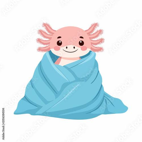 Cute Axolotl Wrapped in a Blue Blanket