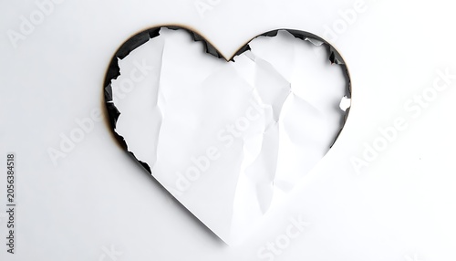 A burnt heart shape with torn paper