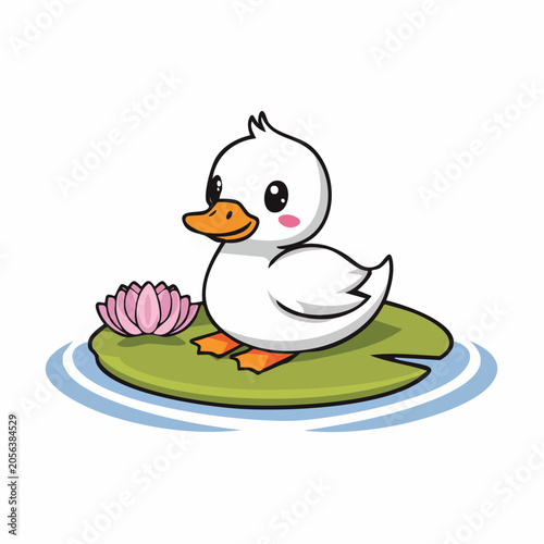 Cute Cartoon Duckling Sitting on a Lily Pad with a Lotus Flower