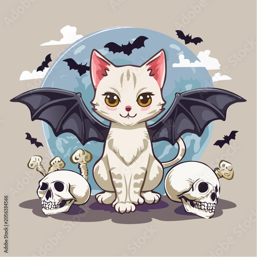 Cute Cat with Bat Wings and Skulls