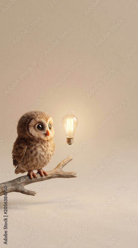 Obraz premium Cute baby owl looking at glowing light bulb on minimalist background idea concept