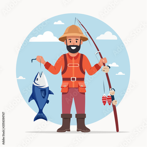 Happy Fisherman Holding a Large Fish and Fishing Rod
