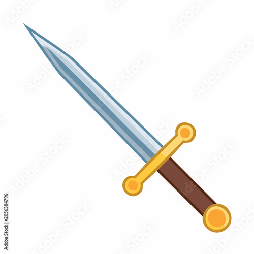 Illustration of a medieval sword with a brown handle and golden guard
