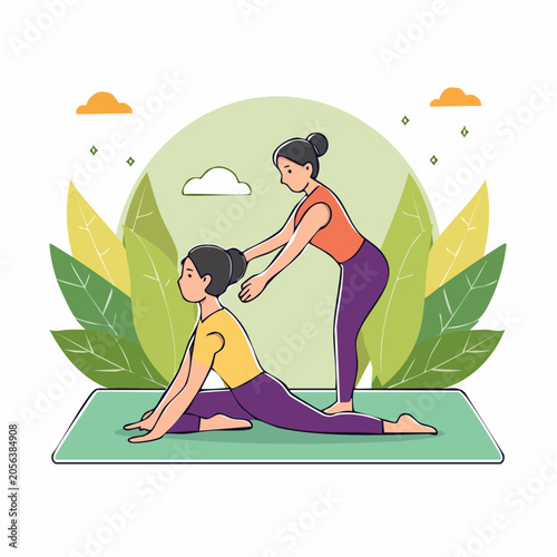 Yoga instructor assisting student in pigeon pose