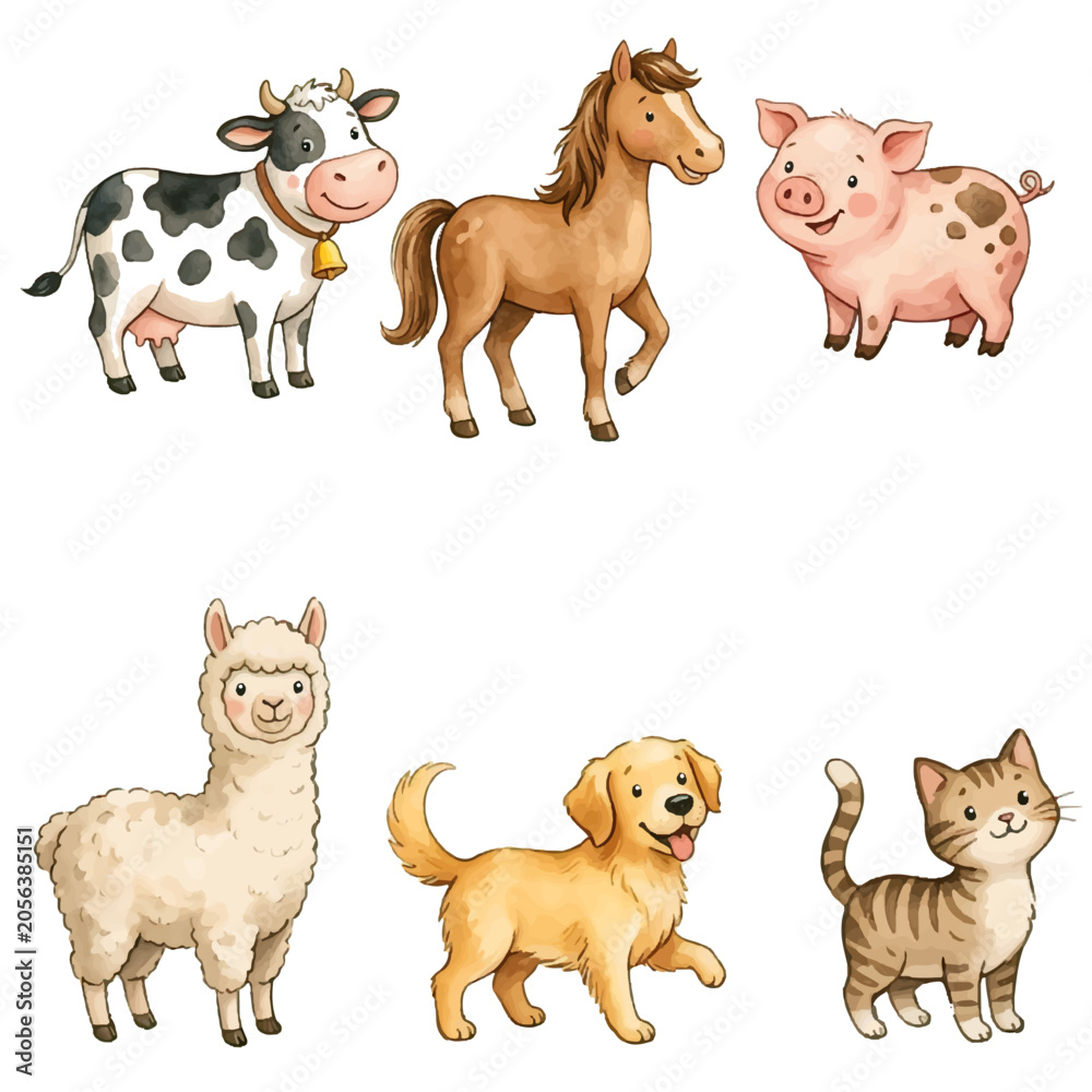 Fototapeta premium Cute cartoon collection of farm and zoo animals including dog cat cow horse pig goat sheep elephant lion tiger and puppy vector illustration set
