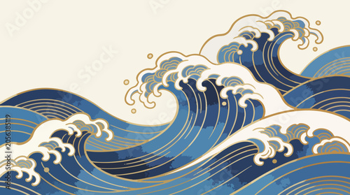 Japanese Oriental Wave Background Vector with Blue Ocean and Elegant Golden Lines