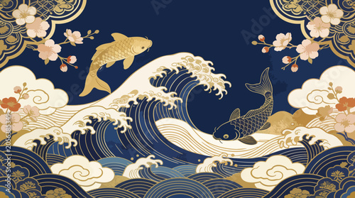 Luxury Oriental Background with Golden Koi Fish, Great Waves and Cherry Blossoms