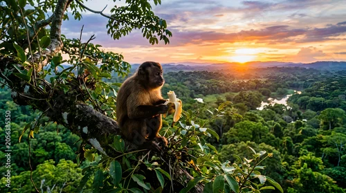 Obraz monkey chilling above the tallest tree in forest