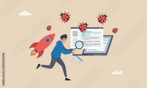 Obraz na płótnie Programmin concept, coder or software tester running from computer laptop using