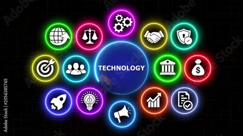 Digital technology background featuring animated glowing business icons.