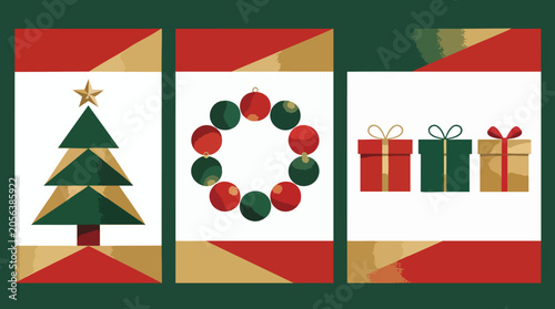 Minimal Geometric Christmas Card Vector Pack with Tree, Wreath and Gift Box Designs