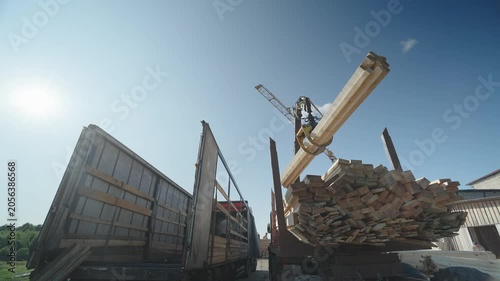 The process of loading wooden logs onto special equipment in the summer