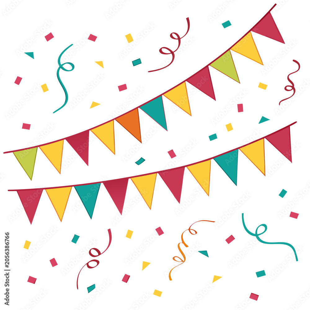 Obraz premium Colorful party bunting flags with festive confetti.