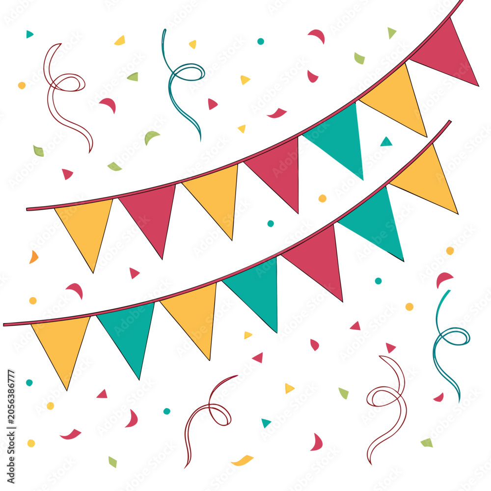 Obraz premium Colorful party bunting flags with flying confetti.