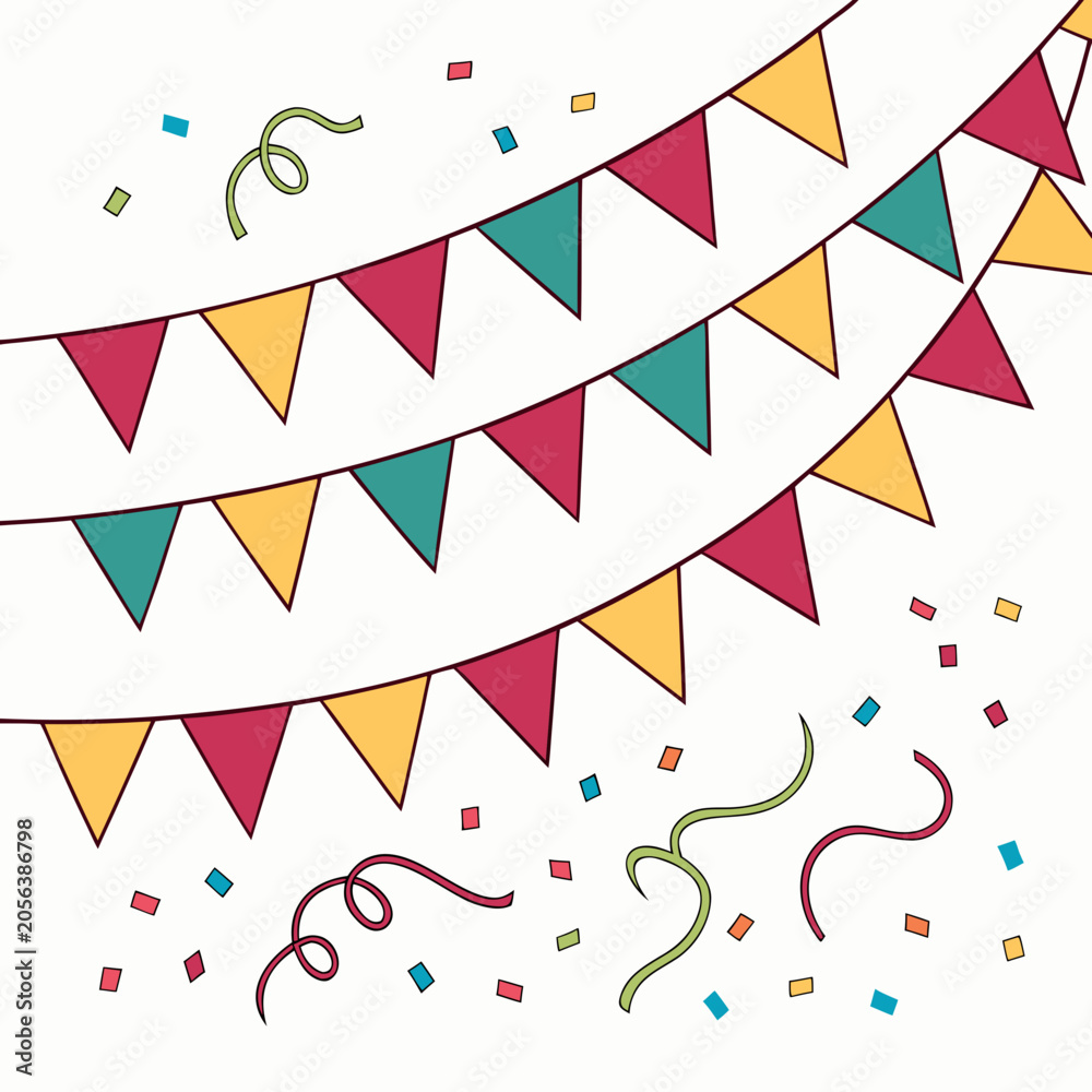 Obraz premium Festive hanging flags and colorful confetti party.