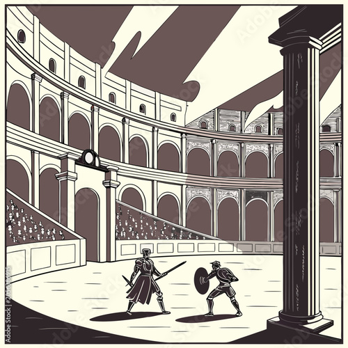 Gladiators fighting in ancient roman coliseum arena.