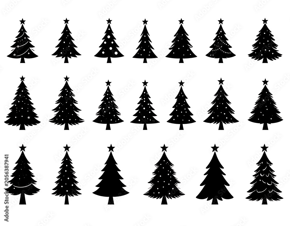 Obraz premium A collection of 18 black Christmas tree silhouettes