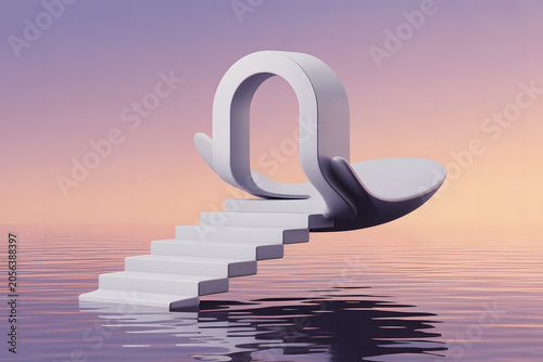 Minimalist surreal scene featuring white staircase rising from calm water toward abstract arch supported by curved hands, symbolizing opportunity, balance, and creative transformation
