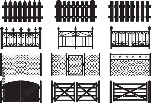 Obraz na płótnie Black fence silhouette icons set, 12 garden gate and metal railing vector elemen