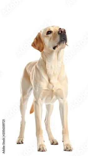 A yellow dog stands on a white background looking up