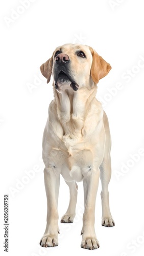 A yellow labrador retriever standing on a white background