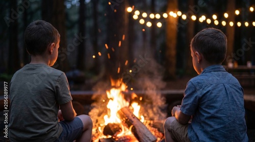  Zwei kleine Jungen sitzen nachts an einem gemütlichen Lagerfeuer im Wald, Ferienlager Atmosphäre mit Lichterkette im Hintergrund