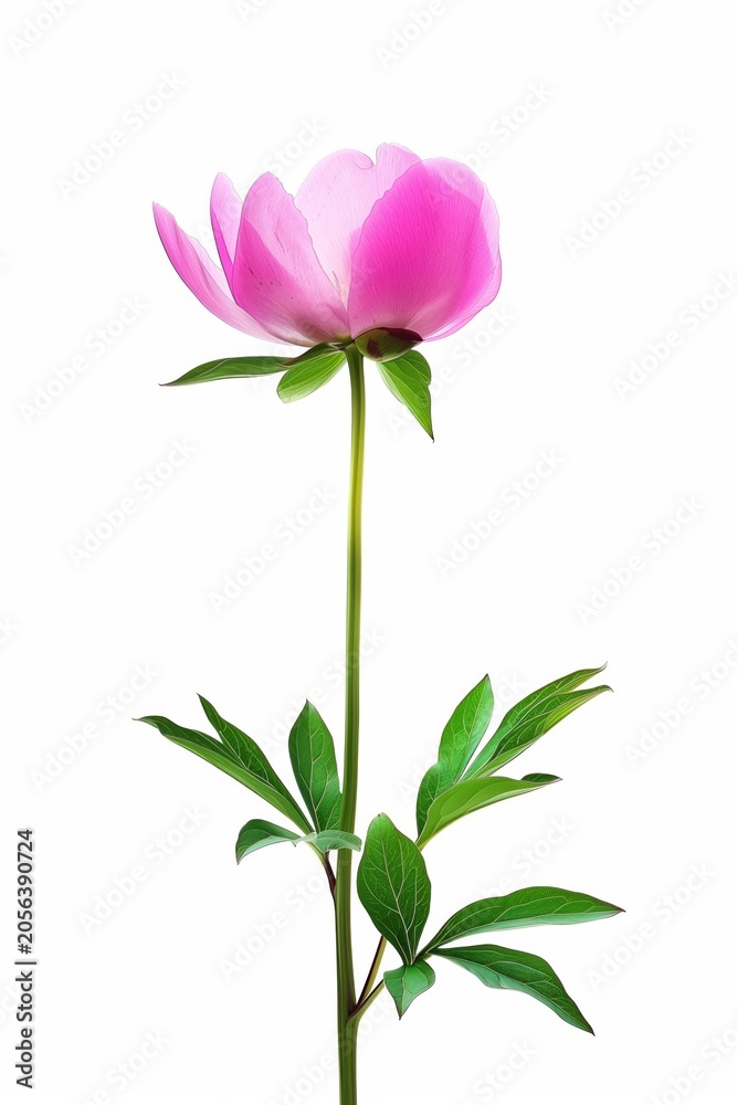 Fototapeta premium Pink peony flower standing tall with green leaves, captured against a plain white background in bright light