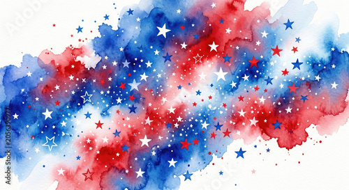 watercolor patriotic background with red white blue stars for festive holiday celebration
