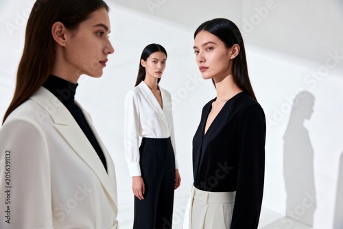 Three women in minimalist fashion against a white backdrop